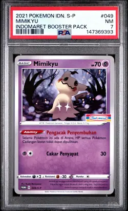 2021 POKEMON INDONESIAN S PROMO INDOMARET BOOSTER PACK #049 MIMIKYU PSA 7 - Image 1