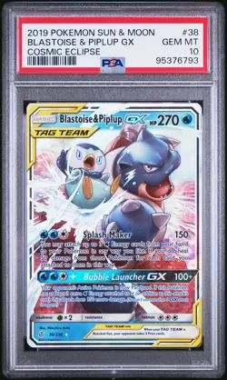 2019 POKEMON SUN & MOON COSMIC ECLIPSE #38 BLASTOISE & PIPLUP GX PSA 10 - Image 1