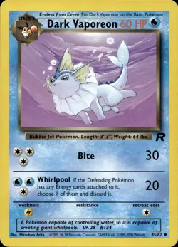 DARK VAPOREON 45/82 UNCOMMON TEAM ROCKET POKEMON UNLIMITED MP - Image 1