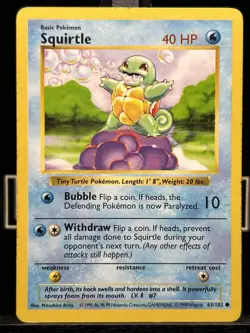 1999 WOTC Shadowless Squirtle 63/102 Common Pokemon Card Regular MP - Image 3
