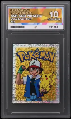 Pokemon Ash & Pikachu S29 Prism Gold ACE 10 Graded Pokemon Merlin Sticker 1999 - Image 1