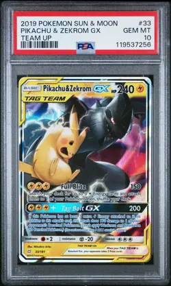 2019 POKEMON SUN & MOON TEAM UP #33 PIKACHU & ZEKROM GX PSA 10 - Image 1