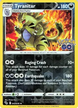 Tyranitar 043/078 - REVERSE HOLO - Pokemon GO - NM - Image 1