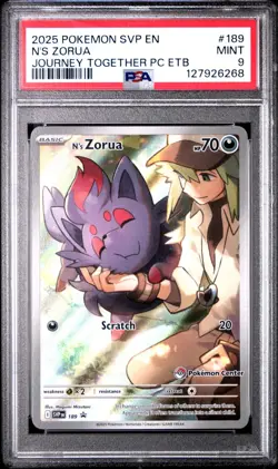 2025 POKEMON JOURNEY TOGETHER POKEMON CENTER ETB PROMO #189 N'S ZORUA PSA 9 - Image 1