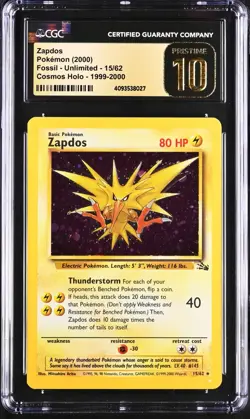 CGC Pristine 10 Zapdos Fossil 1999-2000 Cosmos Holo Rare Pokemon 15/62 Pop 2 - Image 1
