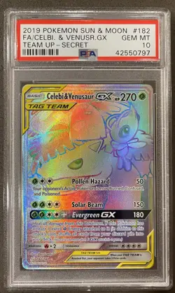 2019 Pokemon Celebi & Venusaur GX 182/181 Sun & Moon Team Up Rainbow Rare PSA 10 - Image 1