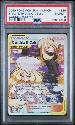 Pokemon Cynthia & Caitlin Full Art TAG TEAM Sm-Cosmic Eclipse 228/236 PSA 8 - Image 1