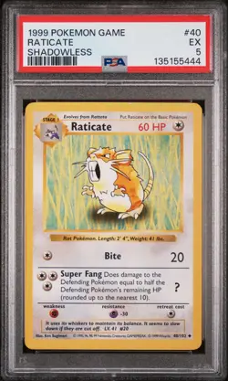 1999 POKEMON GAME SHADOWLESS #40 RATICATE PSA 5 - Image 1