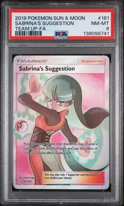2019 POKEMON SUN & MOON TEAM UP #181 FULL ART/SABRINA'S SUGGESTION PSA 8 - Image 1
