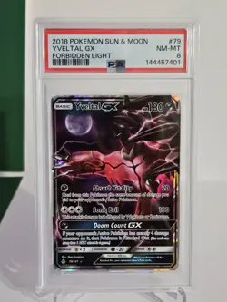 Pokemon TCG 2018 Yveltal GX Full Art Forbidden Light 79/131 PSA 8 - Image 1