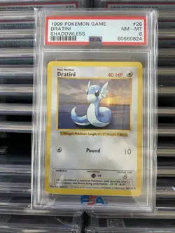 1999 Pokemon Game Base Set Shadowless Dratini Card 26/102 PSA 8 - Image 1