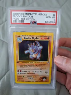 Pokemon Brock's Rhydon 2/132 PSA 10 First Edition Gym Heroes #2 2000 Holo - Image 1