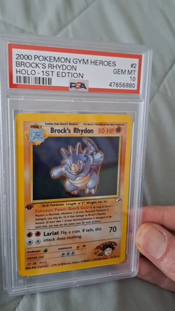 Pokemon Brock's Rhydon 2/132 PSA 10 First Edition Gym Heroes #2 2000 Holo - Image 2