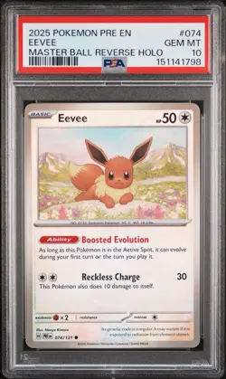 2025 Pokemon Prismatic Evolutions Eevee Reverse Holo Master Ball #074/131 PSA 10 - Image 1