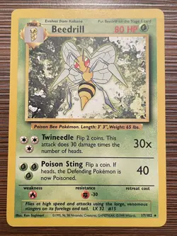 Pokemon TCG Beedrill Base Set Unlimited Rare Card #17/102 Vintage LP - Image 2