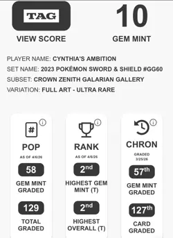Pokemon Cynthia's Ambition Crown Zenith Galarian Gallery GG60 TAG10 GEM MINT - Image 3