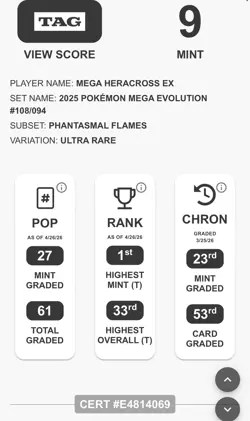 Mega Heracross EX 108/094 Ultra Rare TAG 9 Mint Pokemon Phantasmal Flames - Image 3