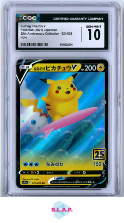 SURFING PIKACHU V POKEMON 021/028 2021 25TH ANN. COLL FULL ART HOLO JAP CGC 10 - Image 1