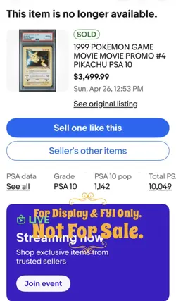 1999 Pokemon Game PiKACHU 1st Kids WB Movie Promo PSA 9 Mint#4 FYiPS10sold$3500 - Image 3