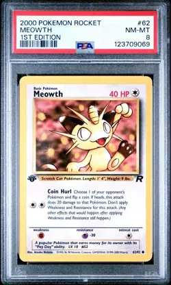 2000 Pokemon 1st Edition Team Rocket #62 Meowth PSA 8 Trusted Seller! NEW CERT! - Image 1
