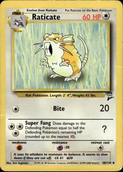 Raticate Uncommon Base Set 2 058/130 Colorless Normal Pokemon Card - Image 1