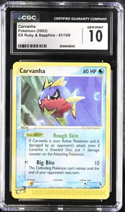 CGC 10 Carvanha 51/109 EX Ruby & Sapphire 2003 Pokemon Card - Image 1