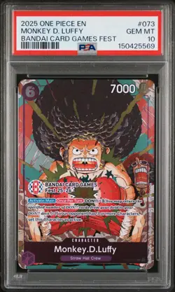 2025 ONE PIECE OP07-073 BANDAI CARD GAMES FEST 25-26 MONKEY D LUFFY PROMO PSA 10 - Image 1