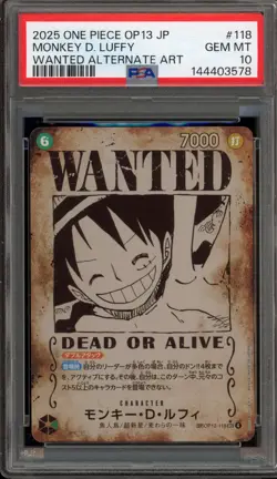 One Piece CCG Monkey.D.Luffy Japanese Wanted Alternate Art OP13-118 PSA 10 - Image 1