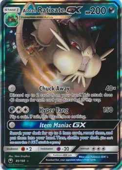 Moderately Played, English Pokemon Alolan Raticate GX - 85/168 - Ultra Rare SM - Image 1