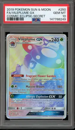 Pokemon Vileplume GX Cosmic Eclipse Secret Rare #250 PSA 10 Gem Mint - Image 1