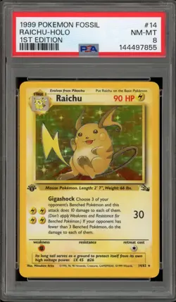 Pokemon Raichu Fossil 1st Edition Holo Rare #14 PSA 8 - Image 1