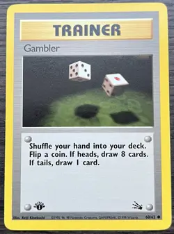 1st Edition Gambler 60/62 Pokemon TCG Fossil Base Set Trainer Light Play LP - Image 1