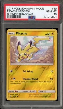 Pokemon Pikachu Burning Shadows Reverse Holo #40 PSA 10 Gem Mint - Image 1