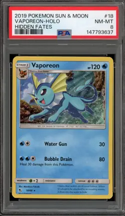 Pokemon Vaporeon Hidden Fates Holo Rare #18 PSA 8 - Image 1