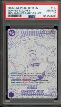 One Piece CCG Monkey.D.Luffy 3rd Anniversary Silver OP05-119 PSA 10 Gem Mint - Image 1