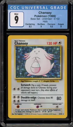 Pokemon Chansey Base Set Unlimited Holo Rare #3 CGC 9 Mint - Image 1