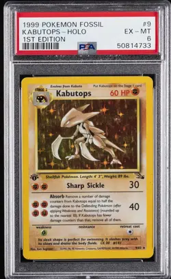 1999 POKEMON FOSSIL 1ST ED #9 KABUTOPS-HOLO PSA 6 - Image 1