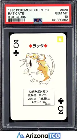 Pokemon 1996 Raticate 020 3 Of Clubs Green Playing Cards Japanese GEM MT PSA 10 - Image 1