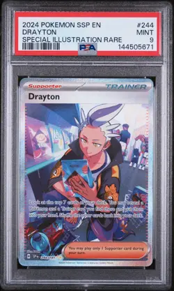 2024 POKEMON SSP EN-SURGING SPARKS SPECIAL ILLUSTRATION RARE #244 DRAYTON PSA 9 - Image 1