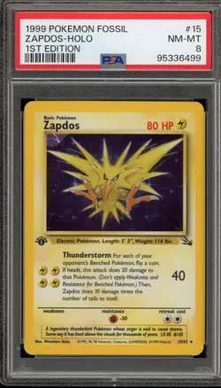 Pokemon Zapdos Fossil 1st Edition Holo Rare #15 PSA 8 - Image 1