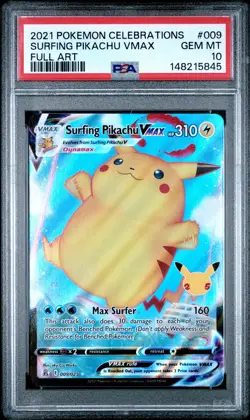 2021 POKEMON CELEBRATIONS #009 FULL ART/SURFING PIKACHU VMAX PSA 10 - Image 1
