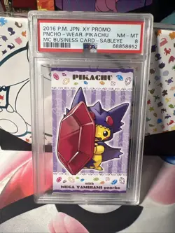 2016 JPN XY Promo Poncho Wearing Pikachu MC Business Card Sableye PSA 8 - Image 1