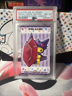 2016 JPN XY Promo Poncho Wearing Pikachu MC Business Card Sableye PSA 8 - Image 2