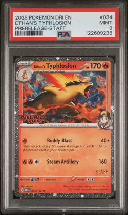 2025 POKEMON DRI EN-DESTINED RIVALS PRERELEASE-STAFF ETHAN'S TYPHLOSION PSA 9 - Image 1