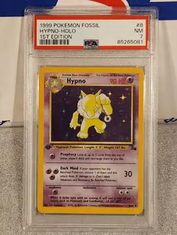 1999 Pokemon 1st Edition Hypno #8 Fossil Holo PSA 7 NM - Image 1