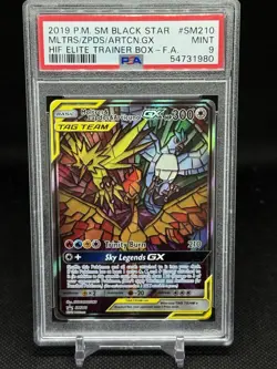 2019 Pokemon Hidden Fates ETB Moltres Zapdos Articuno Tag Team SM210 Promo PSA 9 - Image 1