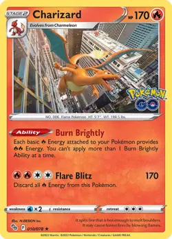 Charizard 010/078 Pokemon Go Holo Rare Pokemon TCG Card - Image 1