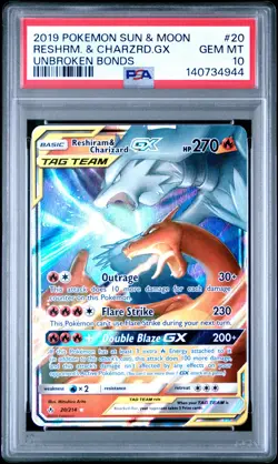 2019 POKEMON SUN & MOON UNBROKEN BONDS #20 RESHIRAM & CHARIZARD GX PSA 10 - Image 1