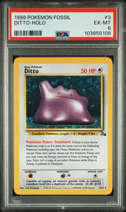 1999 Pokemon Fossil Ditto Holo Rare 3/62 PSA 6 EX - Image 1
