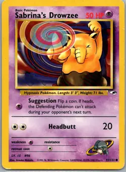Sabrina's Drowzee 92/132 Common Gym Heroes Pokemon Unlimited Damaged 1 - Image 1